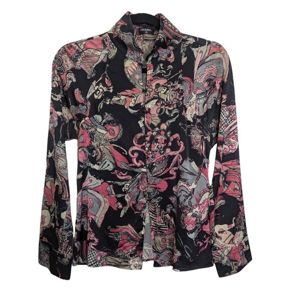 Chanel Pre-Fall 2010 10A Paris Shanghai Black Pink Silk Blouse FR34 S 2 4 RARE - Picture 1 of 16